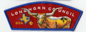 Longhortn Council Patch featuring a Longhorn cattle with several brands.